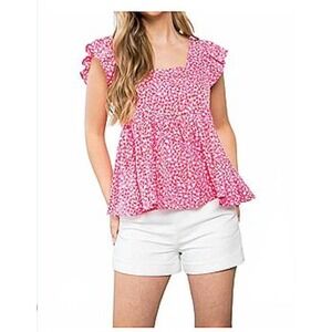 THML Pink Bridget Abstract Ruffle Sleeve Babydoll Blouse Top Small Barbie
